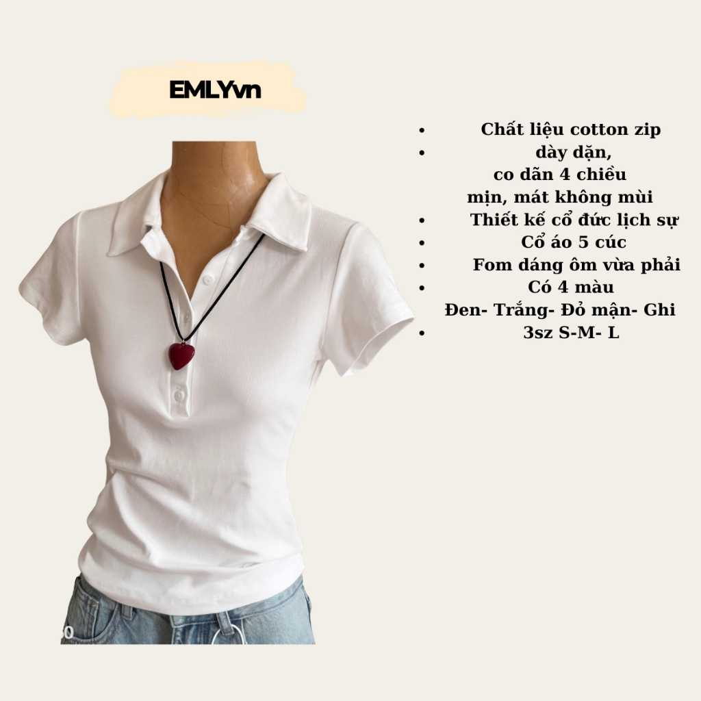 EMLY - Áo Thun Nữ Cộc Tay Cổ Đức Chất Áo Cotton Zip Ôm Body, Áo Polo Cộc Tay Nữ Dáng Ôm Cao Cấp