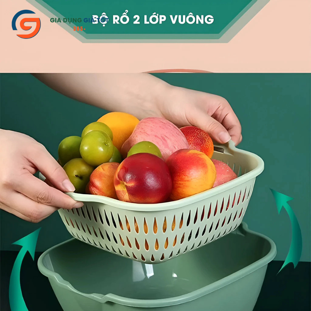 Rổ nhựa 2 lớp Song Long có khay tách nước - rổ rửa rau, rổ đựng trái cây củ quả nhiều kích thước