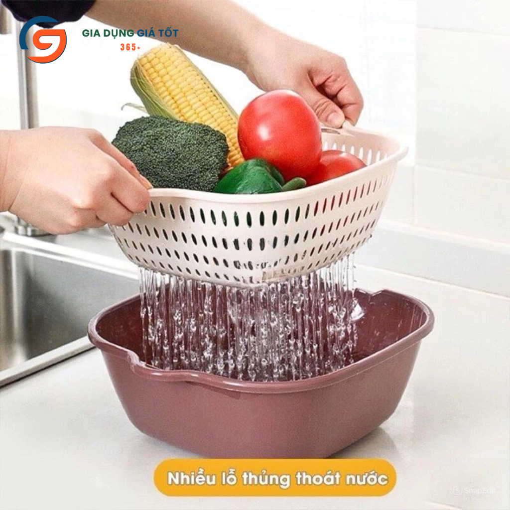 Rổ nhựa 2 lớp Song Long có khay tách nước - rổ rửa rau, rổ đựng trái cây củ quả nhiều kích thước