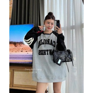 Áo Nỉ Nữ CAROLINA Xám Ghi Phối Tay Đen Dài Tay Freesize Form Rộng Thụng