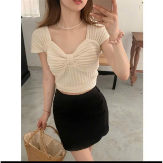 Áo kiểu croptop tay ngắn cổ vuông nữ, áo kiểu dáng ngắn cổ nơ chất len xốp tôn dáng gợi cảm siêu xinh - Bonbonshop