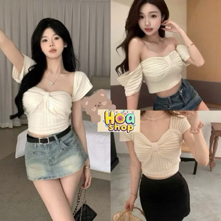 Áo kiểu croptop tay ngắn cổ vuông nữ, áo kiểu dáng ngắn cổ nơ chất len xốp tôn dáng gợi cảm siêu xinh - Bonbonshop