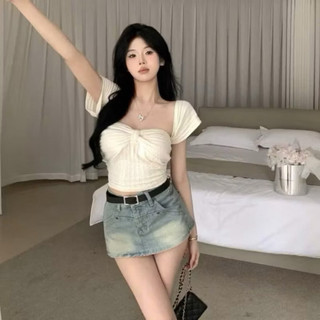 Áo kiểu croptop tay ngắn cổ vuông nữ, áo kiểu dáng ngắn cổ nơ chất len xốp tôn dáng gợi cảm siêu xinh - Bonbonshop