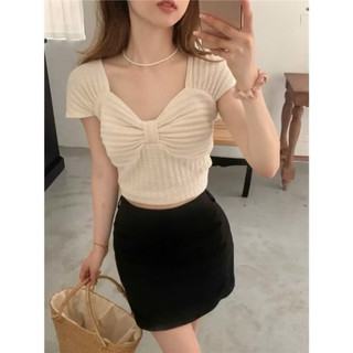 Áo kiểu croptop tay ngắn cổ vuông nữ, áo kiểu dáng ngắn cổ nơ chất len xốp tôn dáng gợi cảm siêu xinh - Bonbonshop