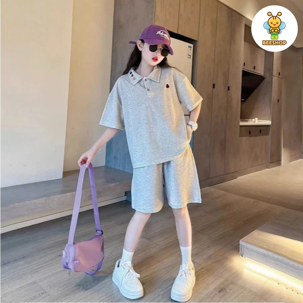 Set áo polo thêu trái tim kèm quần cho bé gái size đại BEESHOP H26023