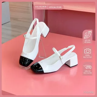 Giày cao gót mary jane nữ HÀ HUYỀN da bóng mũi đen đính chữ quai ngang gót vuông 5cm - CG2308