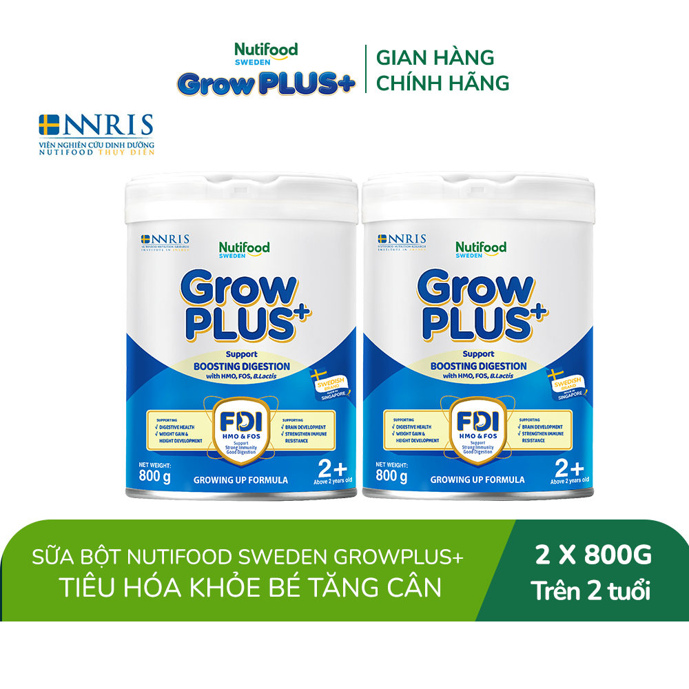 Combo 2 Sữa bột Nutifood Sweden GrowPLUS+ Tiêu Hóa (Xanh Nhạt) 2+ - Tiêu hóa khỏe, tăng cân (Lon 800g)