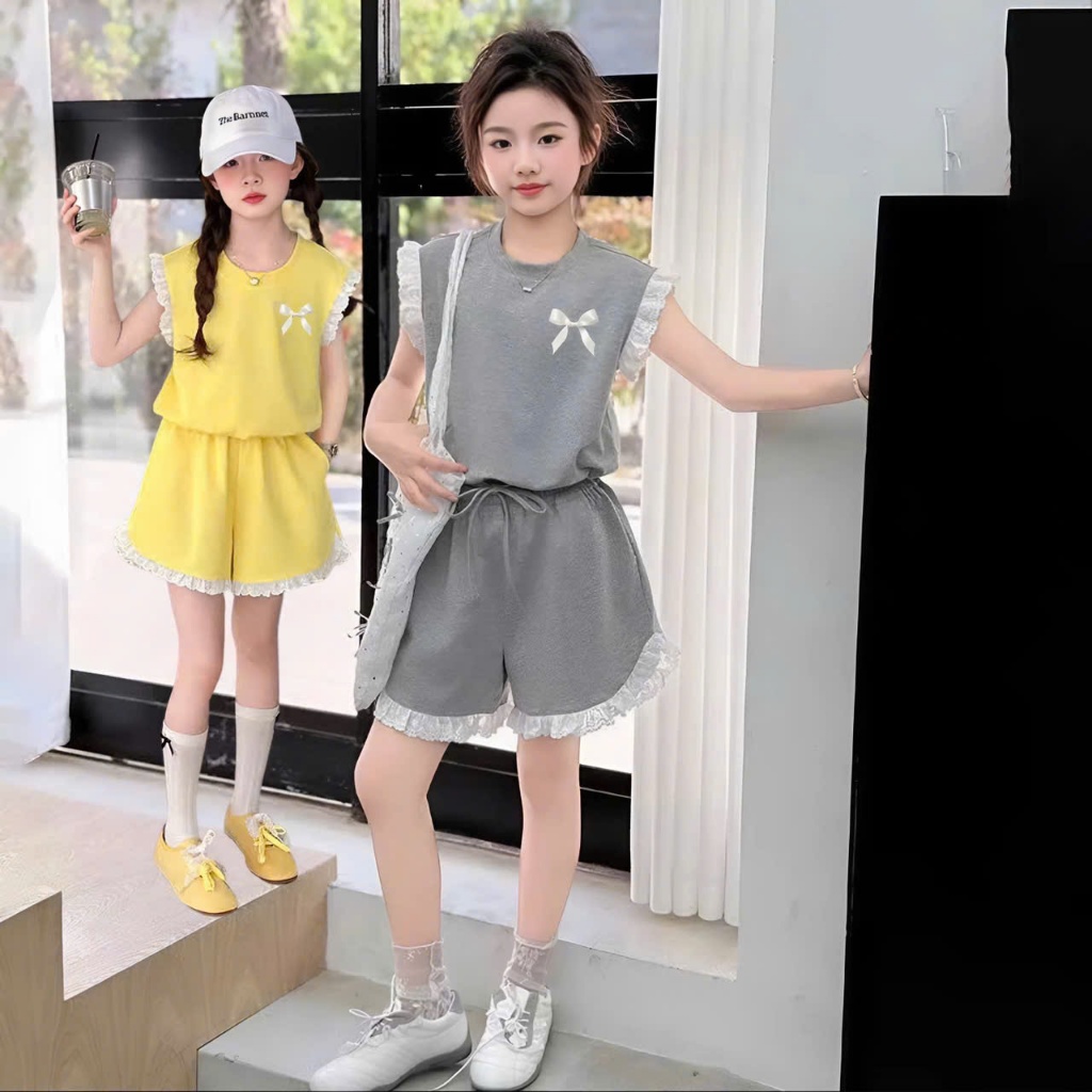 3-15 TUỔI Bộ quần áo bé gái viền ren đính NƠ dễ thương chất vải thun tăm mềm mịn,co giãn thoải mái.M38