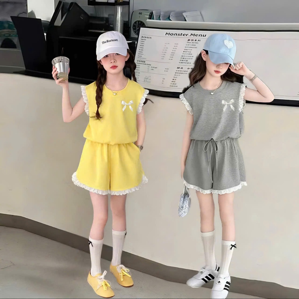 3-15 TUỔI Bộ quần áo bé gái viền ren đính NƠ dễ thương chất vải thun tăm mềm mịn,co giãn thoải mái.M38