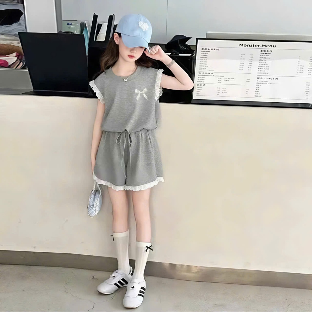 3-15 TUỔI Bộ quần áo bé gái viền ren đính NƠ dễ thương chất vải thun tăm mềm mịn,co giãn thoải mái.M38