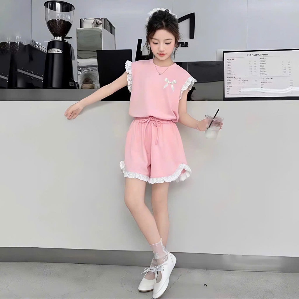 3-15 TUỔI Bộ quần áo bé gái viền ren đính NƠ dễ thương chất vải thun tăm mềm mịn,co giãn thoải mái.M38