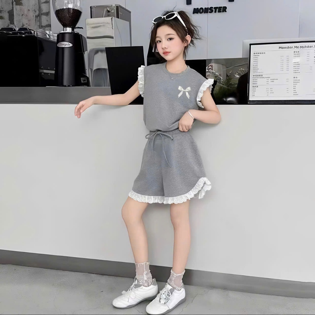 3-15 TUỔI Bộ quần áo bé gái viền ren đính NƠ dễ thương chất vải thun tăm mềm mịn,co giãn thoải mái.M38