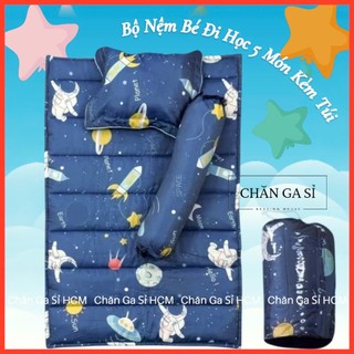 📢SHIP HỎA TỐC📢Bộ Nệm Trẻ Em 5 Món Đi Học Vải Lyocell Micro Nằm Thoáng Mát, Kèm Túi Đựng _ Chăn Ga Sỉ