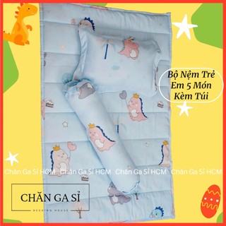 🌠MẪU MỚI🌠 Bộ Nệm Gối Trẻ Em (Kèm Ruột) Vải Lyocell Micro Thoáng Mát, Bộ 5 Món Trẻ Em Đi Học Kèm Túi
