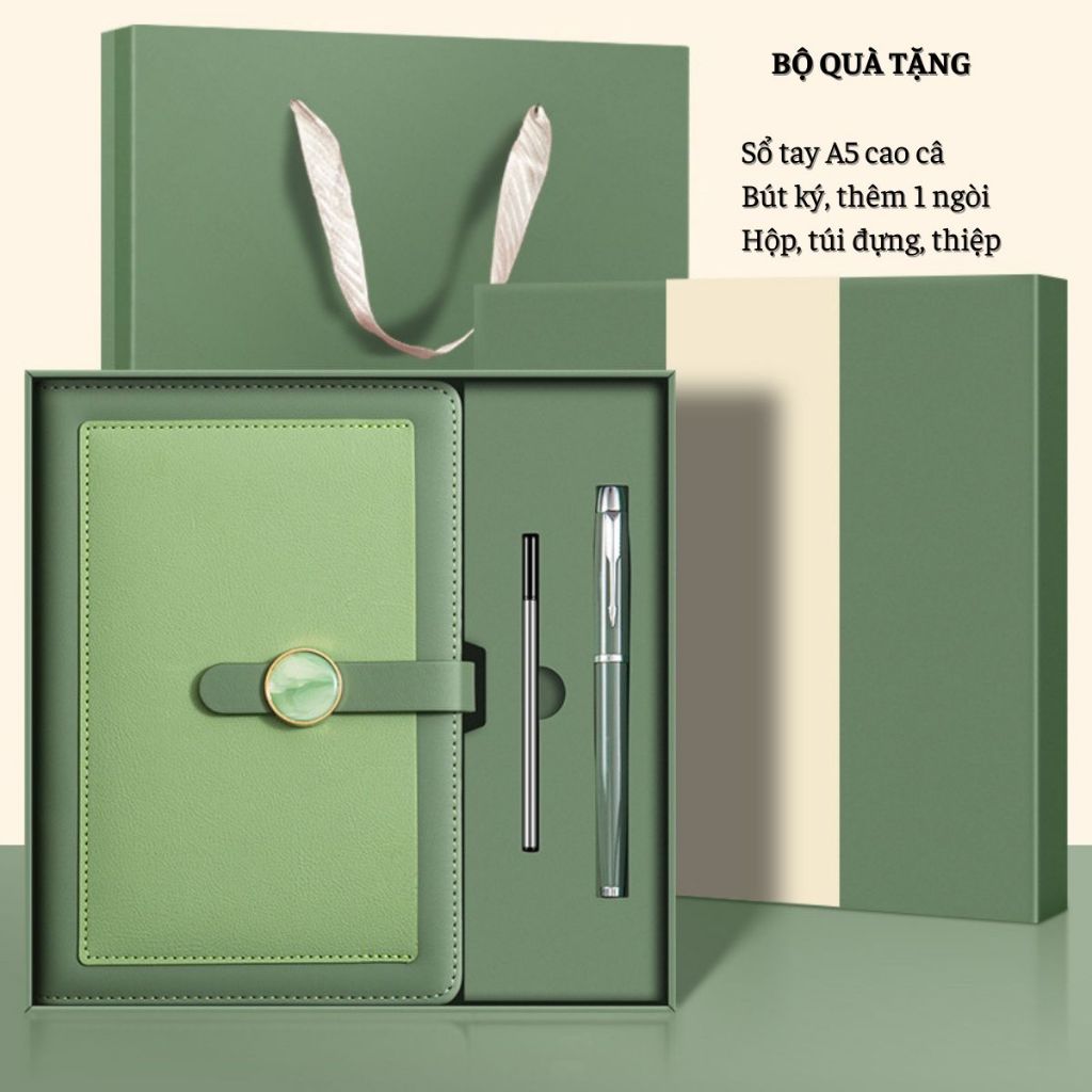 Quà tặng cao cấp sổ tay bìa da hai lớp KA86, bút ký, hộp quà 23x23 cm
