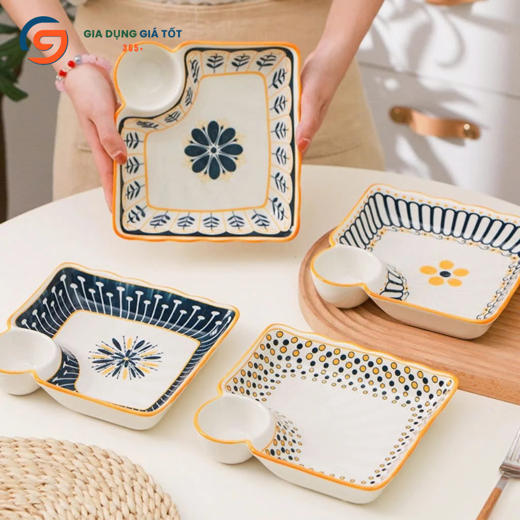 Đĩa sứ vuông cao cấp có ngăn chấm họa tiết thổ cẩm, đĩa ăn đẹp phong cách Bắc Âu