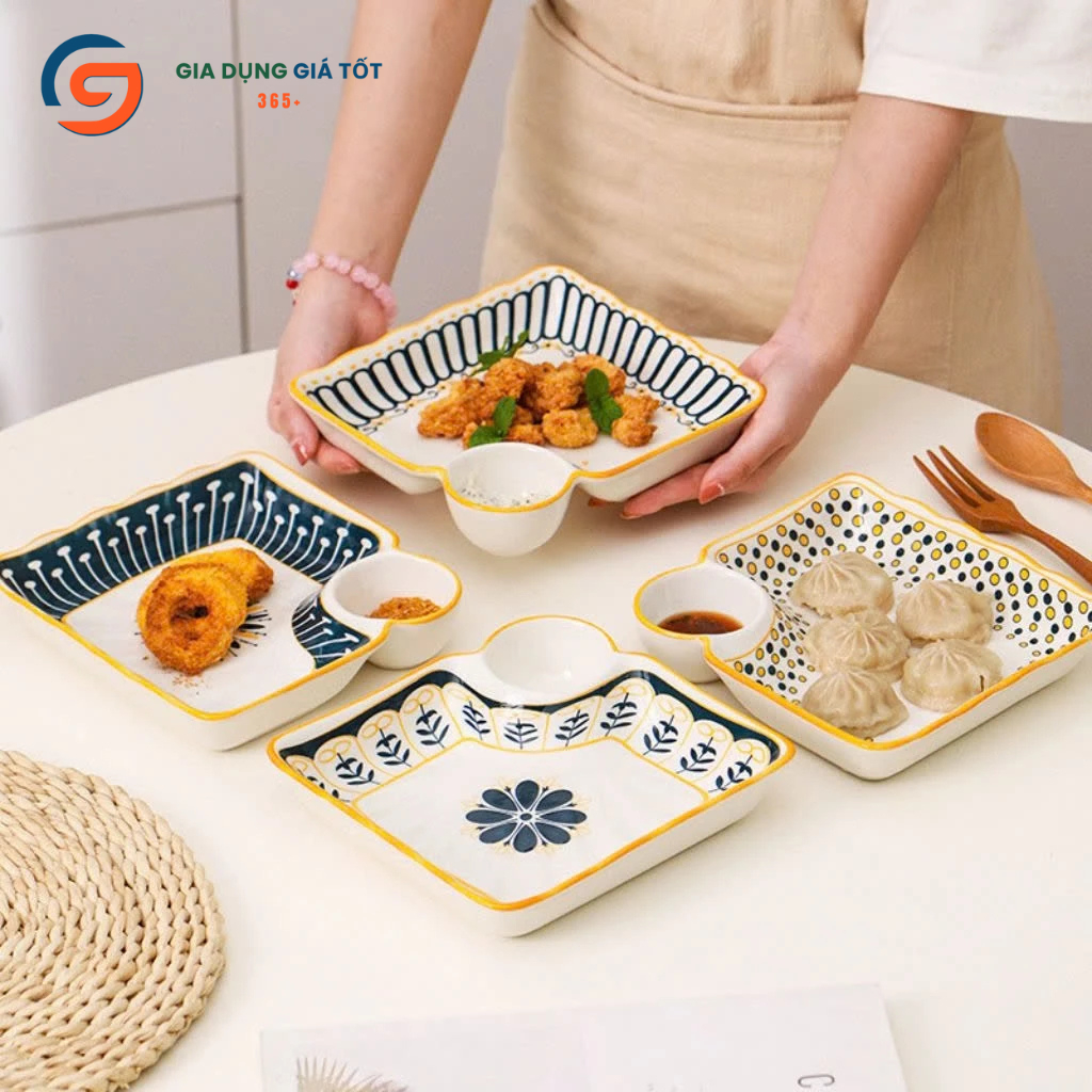 Đĩa sứ vuông cao cấp có ngăn chấm họa tiết thổ cẩm, đĩa ăn đẹp phong cách Bắc Âu