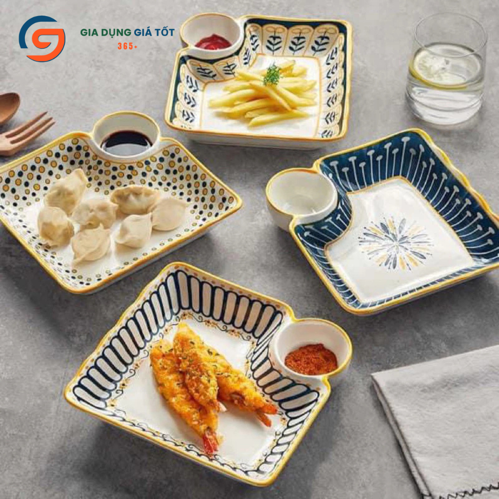 Đĩa sứ vuông cao cấp có ngăn chấm họa tiết thổ cẩm, đĩa ăn đẹp phong cách Bắc Âu