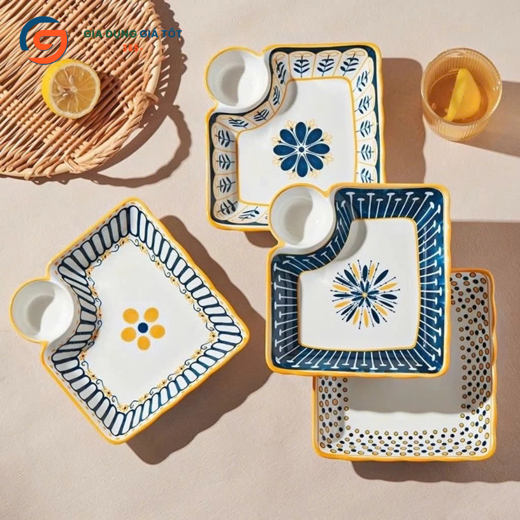 Đĩa sứ vuông cao cấp có ngăn chấm họa tiết thổ cẩm, đĩa ăn đẹp phong cách Bắc Âu
