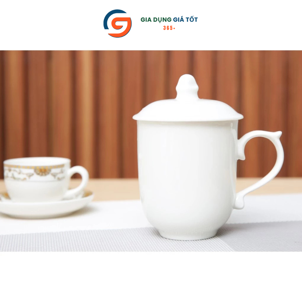 Cốc sứ trắng trơn có nắp LOHACO - ly sứ pha trà, cafe, pha sữa 350ml cao cấp