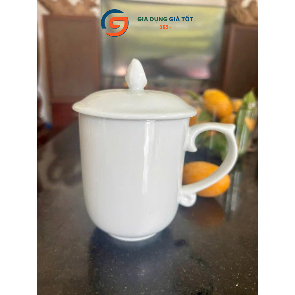 Cốc sứ trắng trơn có nắp LOHACO - ly sứ pha trà, cafe, pha sữa 350ml cao cấp