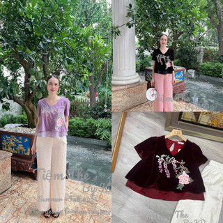 Sét áo nhung the cộc tay cổ tim thêu hoa chùm tím lót lụa + quần xuông lụa (có bán rời)