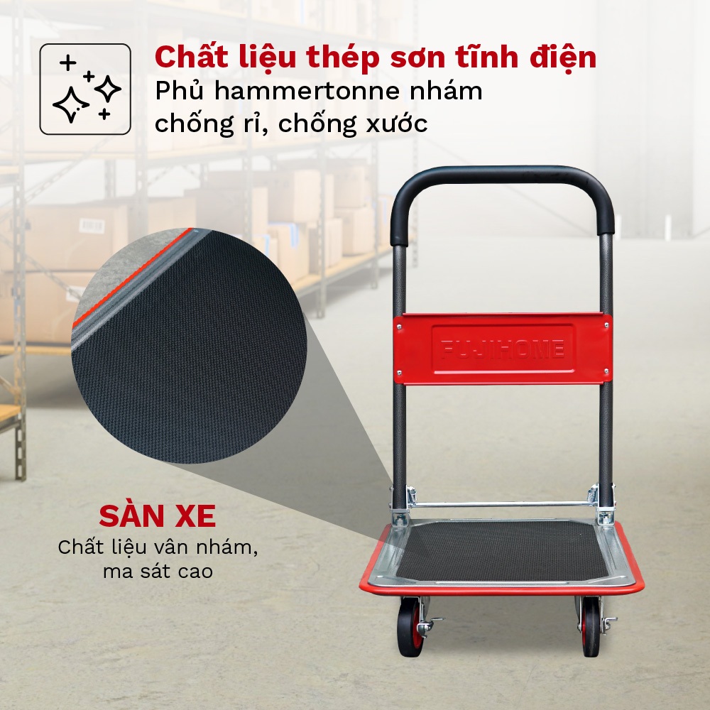 Xe kéo chở hàng sàn thép dày cao cấp FUJIHOME SH150N, Xe đẩy 4 bánh gấp gọn Nhập Khẩu chịu lực 150 kg sơn tĩnh điện