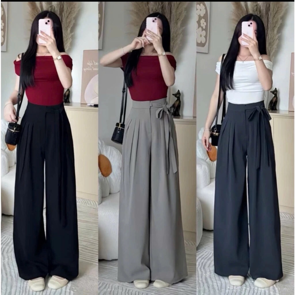 Quần Suông Ống Rộng Lưng Cao Khoá Cài Thắt Dây Nơ (Chất Gold Nhật) Mềm Mịn Hot Trend
