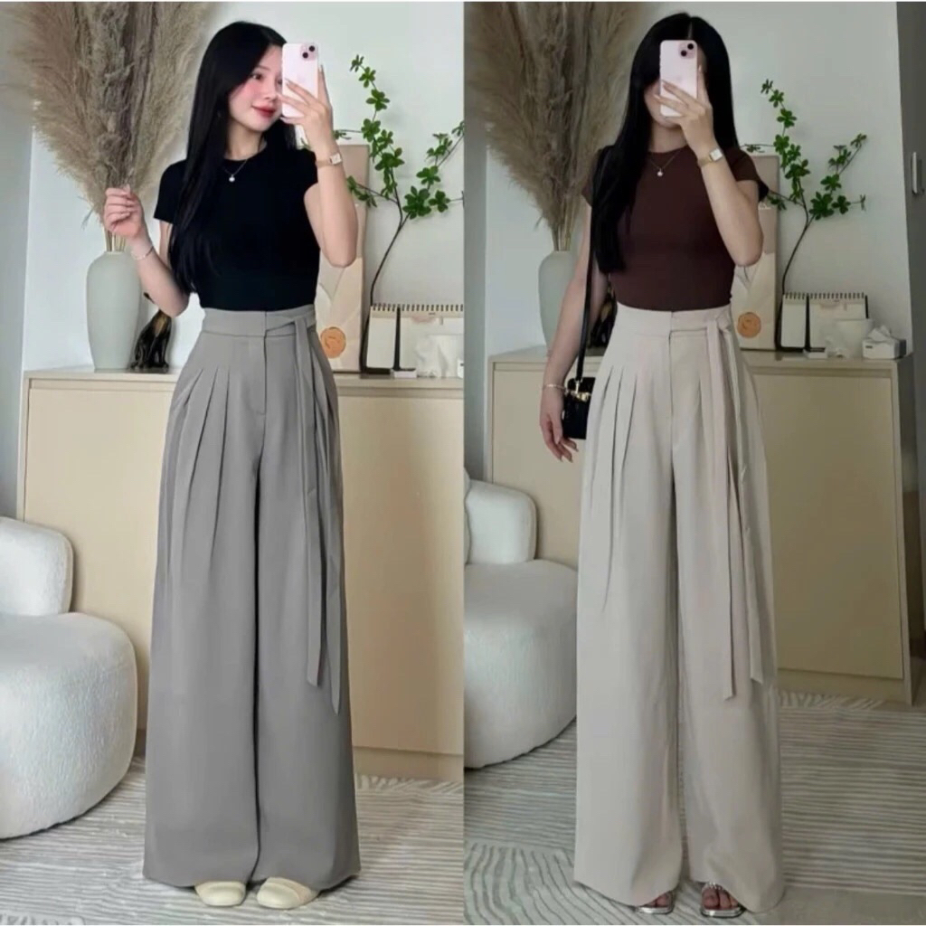 Quần Suông Ống Rộng Lưng Cao Khoá Cài Thắt Dây Nơ (Chất Gold Nhật) Mềm Mịn Hot Trend