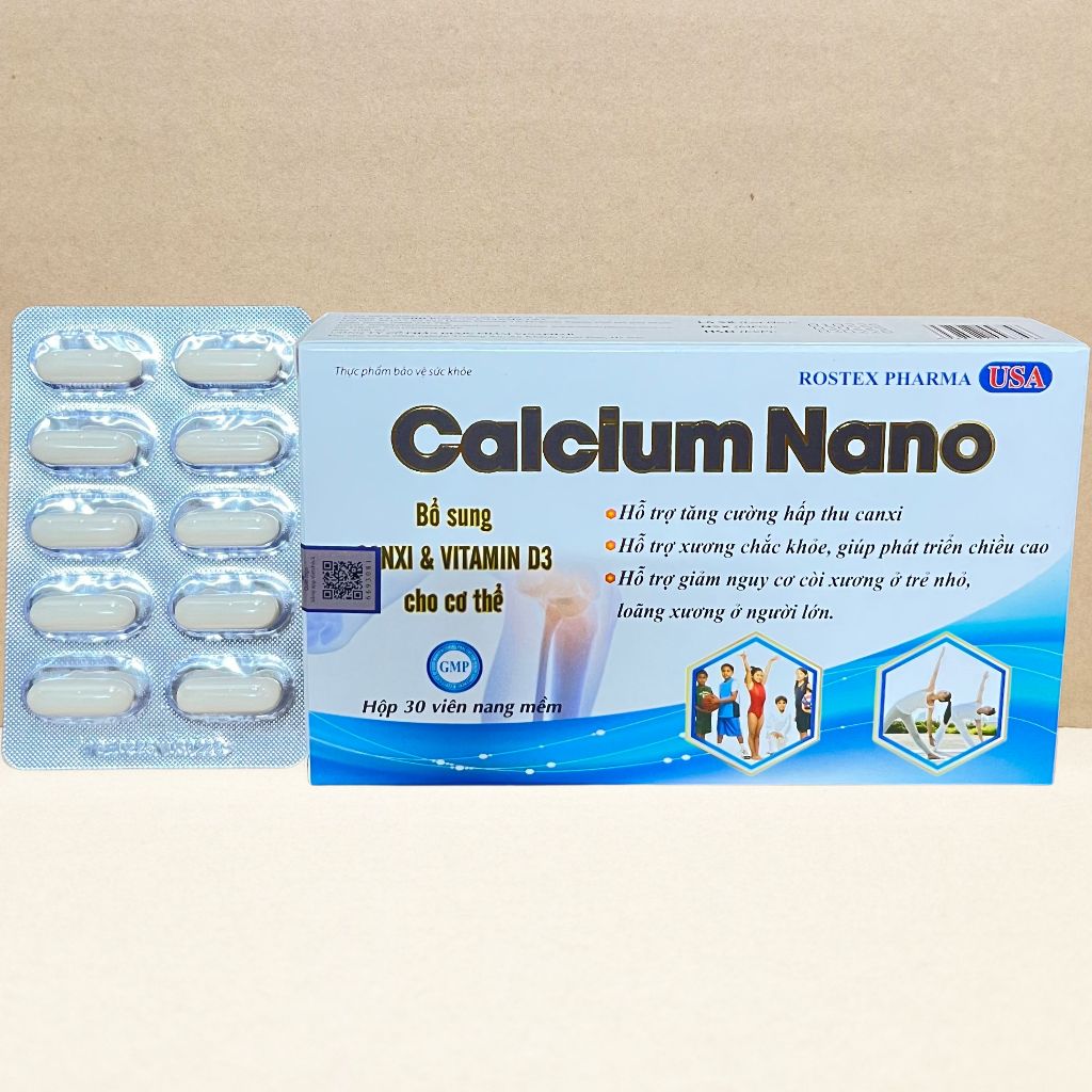 [CHÍNH HÃNG] Viên Uống Calcium Nano Bổ Sung Canxi, D3, Omega 3 Giúp Tăng Chiều Cao, Chống Còi Xương (Hộp 30 viên nang)
