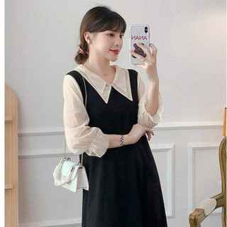 Váy bầu công sở thiết kế dàn xuông cổ được may hai lớp, tay và cổ phối voan nuy