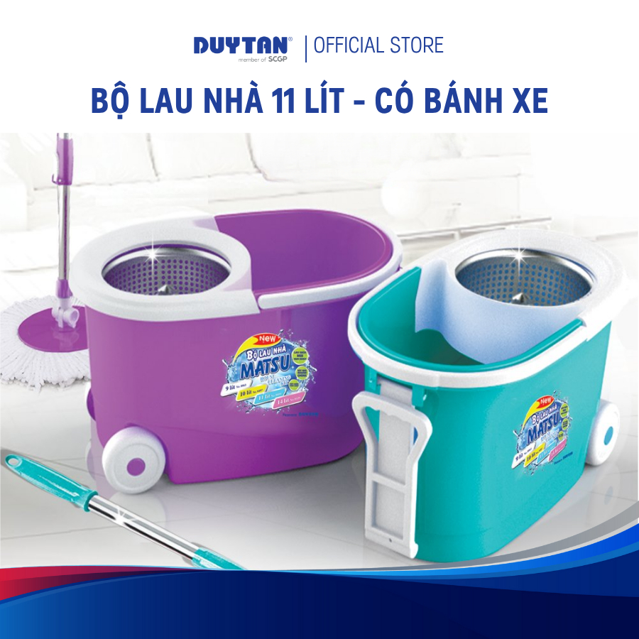 Bộ lau nhà Matsu 11 Lít-Bánh xe DUY TÂN nhựa PP, bộ lau nhà 360 độ, bông lau microfiber mịn thấm hút