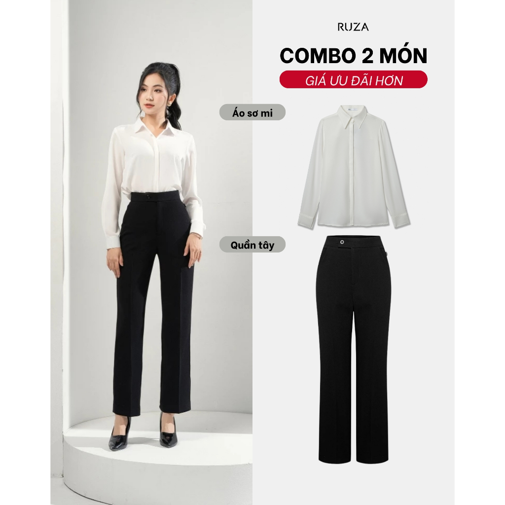 COMBO công sở RUZA áo sơ mi lụa và Quần ống tây đứng bố thun Hàn thanh lịch COMBO ADE368 - QĐE165