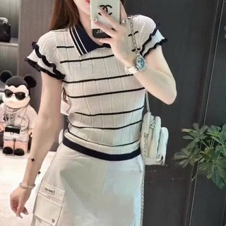 Áo polo len mongtoghi Quảng Châu thiết kế kẻ ngang tay phối bèo siêu xinh, Áo kiểu nữ rẻ đẹp trẻ trung