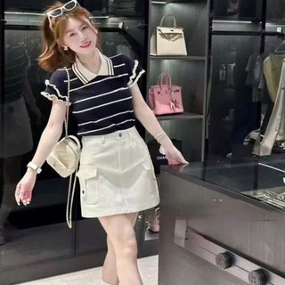 Áo polo len mongtoghi Quảng Châu thiết kế kẻ ngang tay phối bèo siêu xinh, Áo kiểu nữ rẻ đẹp trẻ trung