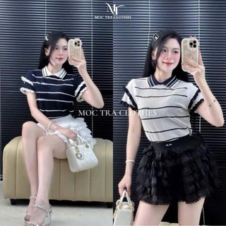Áo polo len mongtoghi Quảng Châu thiết kế kẻ ngang tay phối bèo siêu xinh, Áo kiểu nữ rẻ đẹp trẻ trung