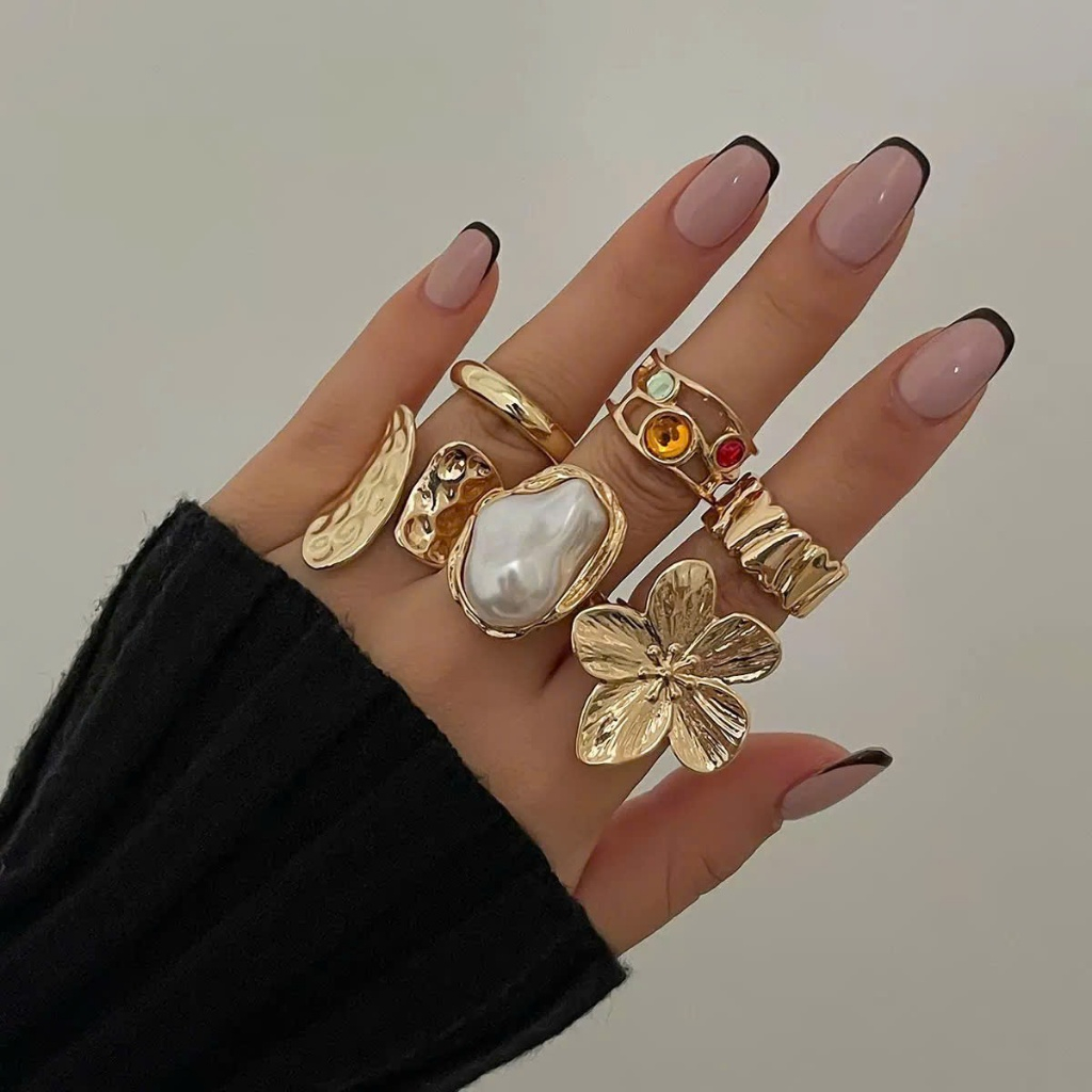 NHẪN NỮ set nhẫn 6 nhẫn bông hoa, gắn đá ngọc style Âu Mỹ cá tính vintage sang trọng mã MY01