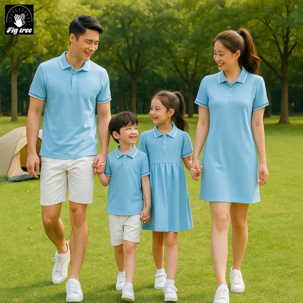 Set Gia Đình Fig Tree  Thun Polo Màu Xanh Nhạt Siêu Xinh, Chất Cá Sấu Dày Dặn, Full size