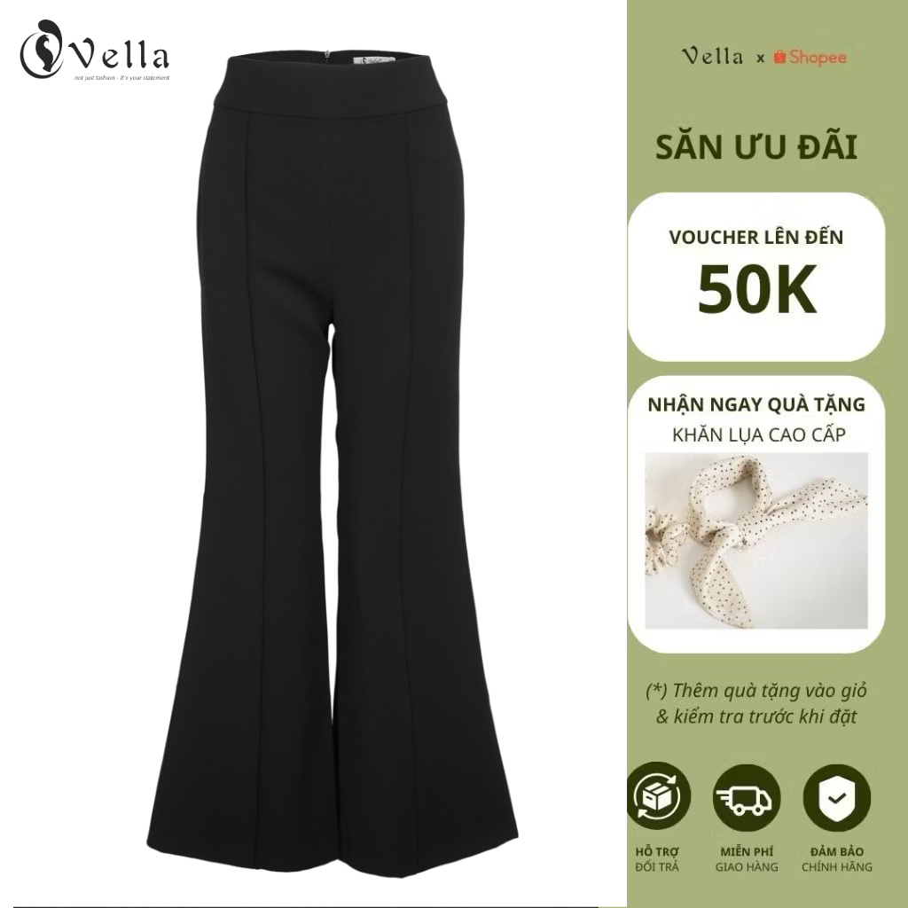 Vella Fashion Quần culottes đen công sở nữ ống suông loe, áo sơ mi lụa trắng VQ23089 VA24061
