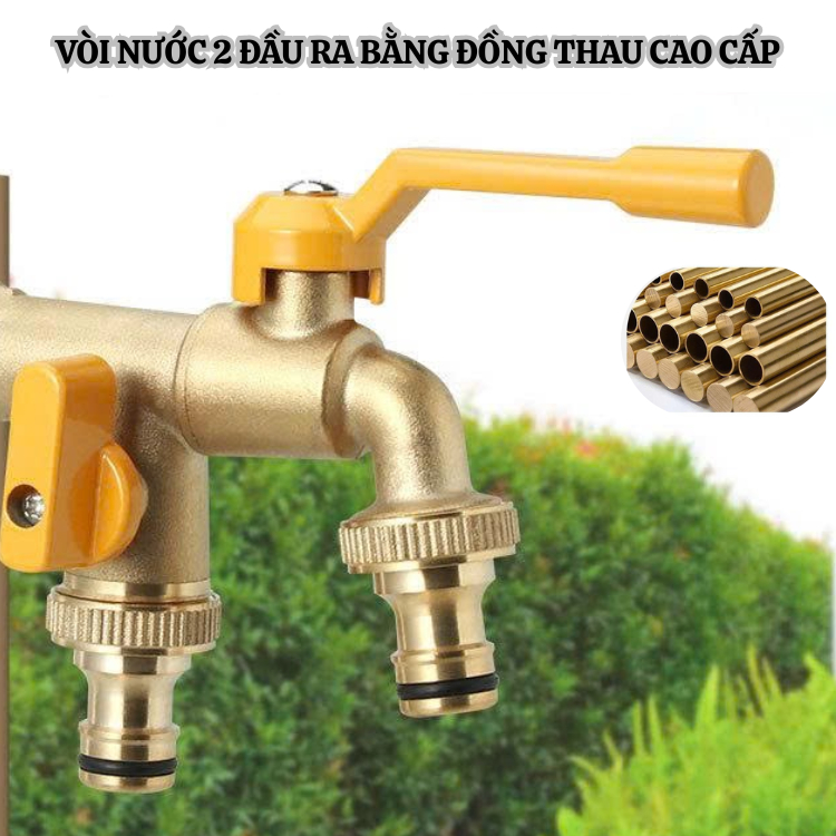Van khóa nước 2 đầu ra độc lập bằng đồng thau kèm 2 đầu nối vòi