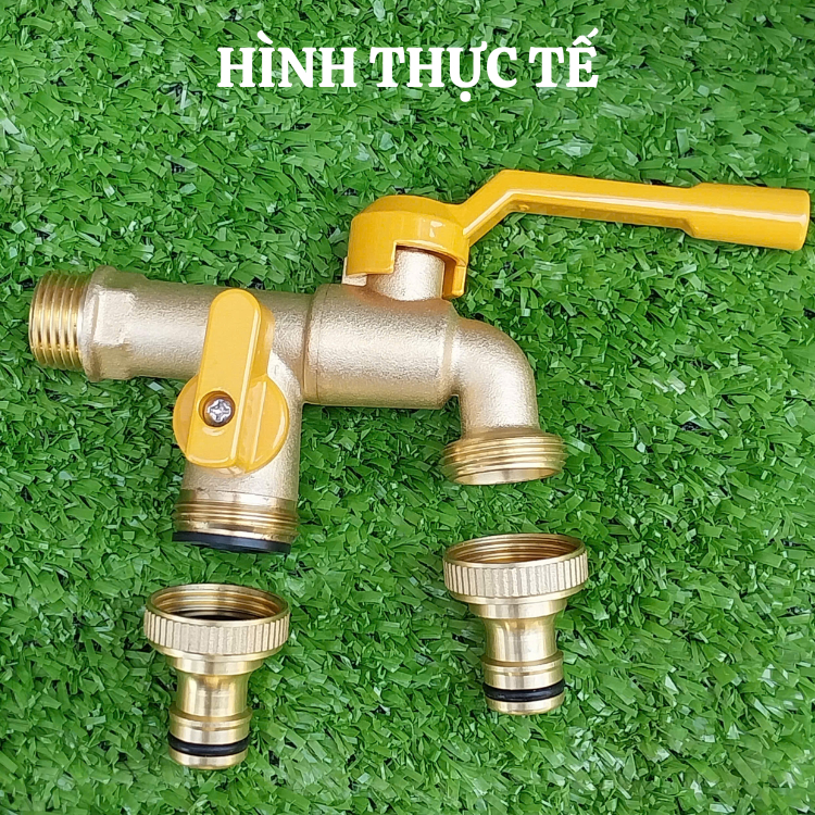 Van khóa nước 2 đầu ra độc lập bằng đồng thau kèm 2 đầu nối vòi