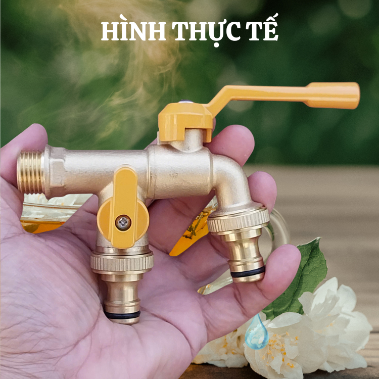 Van khóa nước 2 đầu ra độc lập bằng đồng thau kèm 2 đầu nối vòi