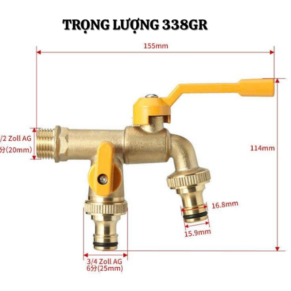 Van khóa nước 2 đầu ra độc lập bằng đồng thau kèm 2 đầu nối vòi