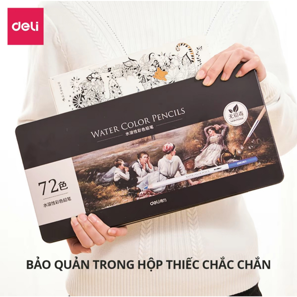 Bút Chì Màu Nước Deli Hộp Thiếc 24/36/48/72 Màu Kèm Cọ Vẽ, Pha Màu Nước, Vẽ Tranh Chuyên Nghiệp quà tặng cho trẻ em
