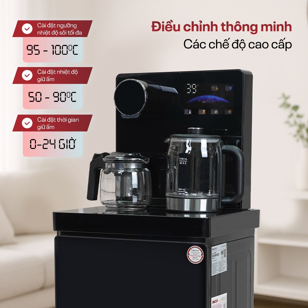 Máy nước nóng lạnh tích hợp bàn pha trà TB2A Nhập Khẩu FUJIHOME, Cây bàn trà đun nước siêu tốc màn hình cảm ứng