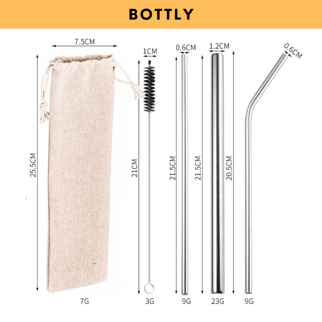 Ống hút Inox 304 (thép không gỉ) kèm cọ rửa và túi vải, sử dụng nhiều lần, thân thiện với môi trường