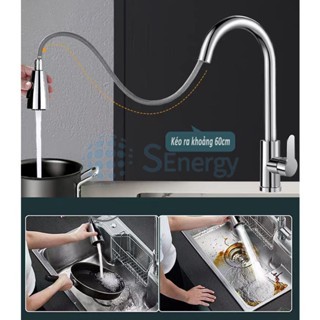 Vòi bồn rửa chén bát nóng lạnh có dây rút bằng Inox 304 cao cấp - tặng kèm dây cấp nóng lạnh