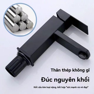 Vòi Rửa Mặt Lavabo Nóng Lạnh INOX 304 sơn tĩnh điện đen và dây nóng lạnh. la vuông đen