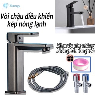 Vòi Rửa Mặt Lavabo Nóng Lạnh INOX 304 sơn tĩnh điện đen và dây nóng lạnh. la vuông đen