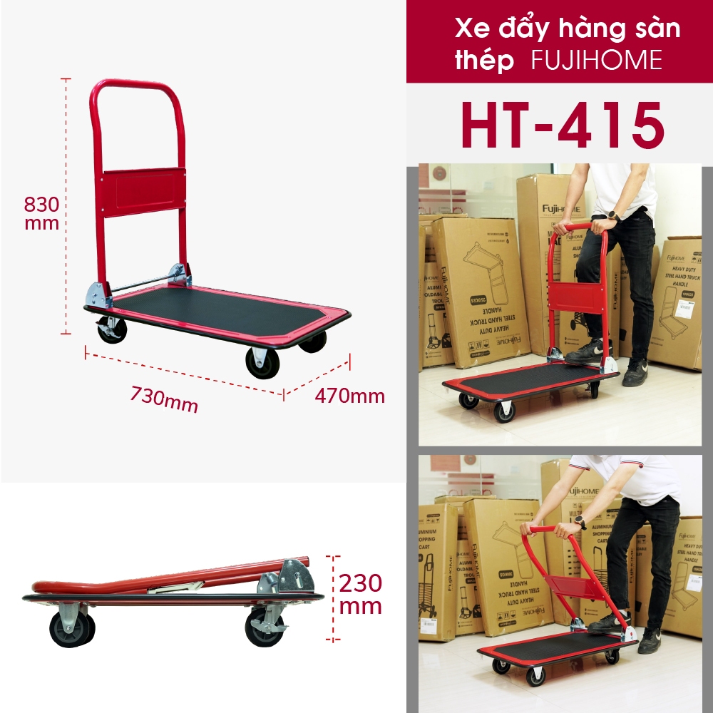Xe chở hàng cồng kềnh 4 bánh gấp gọn 150 kg, Xe đẩy sàn thép phủ nhựa đen gọn nhẹ bánh xe chống xước